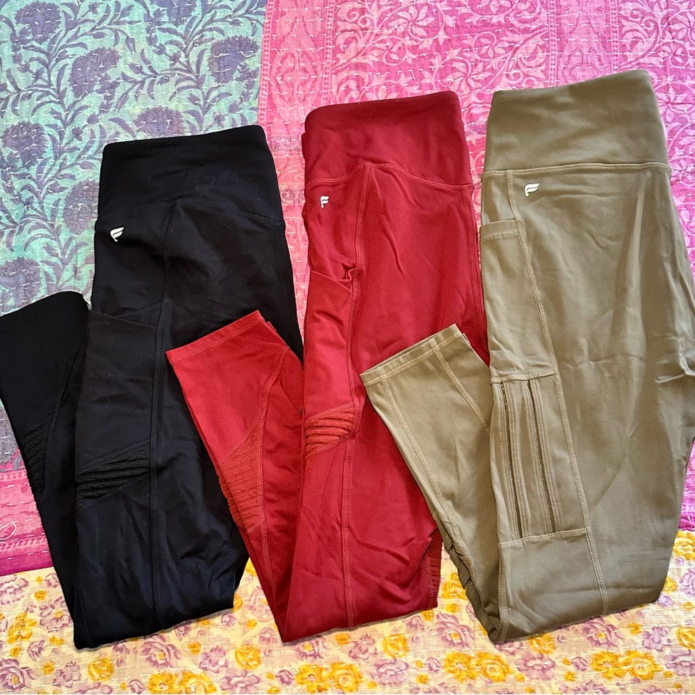 BUNDLE/LOT Fabletics, 3 pair moto leggings! Black red army green, 2 large, 1 med